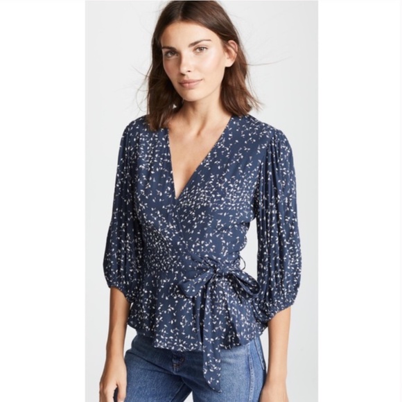 Ganni Tops - GANNI size 10 Barra crepe wrap blouse in blue with white floral pattern